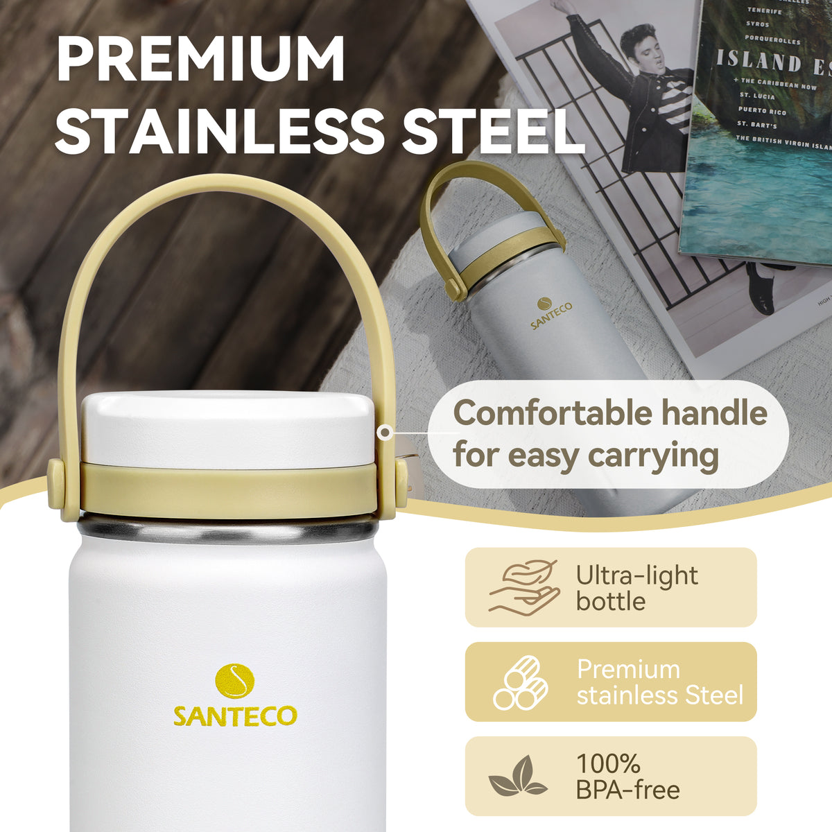 SANTECO KOYA 13oz Insulated Water Bottle with Handle, Stainless Steel Sports Water Bottles, Wide Mouth Leak-Proof Double Wall Travel Mug Cold & Hot Water Cup for GYM, Riding, Camping, School