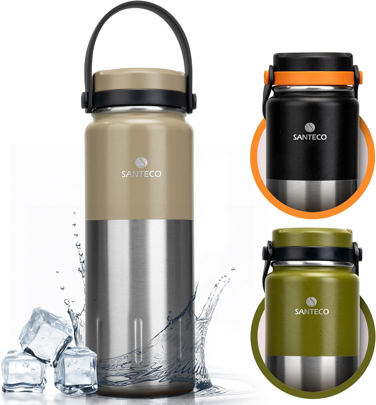 SANTECO KOYA 17oz Insulated Water Bottle with Handle, Stainless Steel Sports Water Bottles, Wide Mouth Leak-Proof Double Wall Travel Mug Cold & Hot Water Cup for GYM, Riding, Camping, School